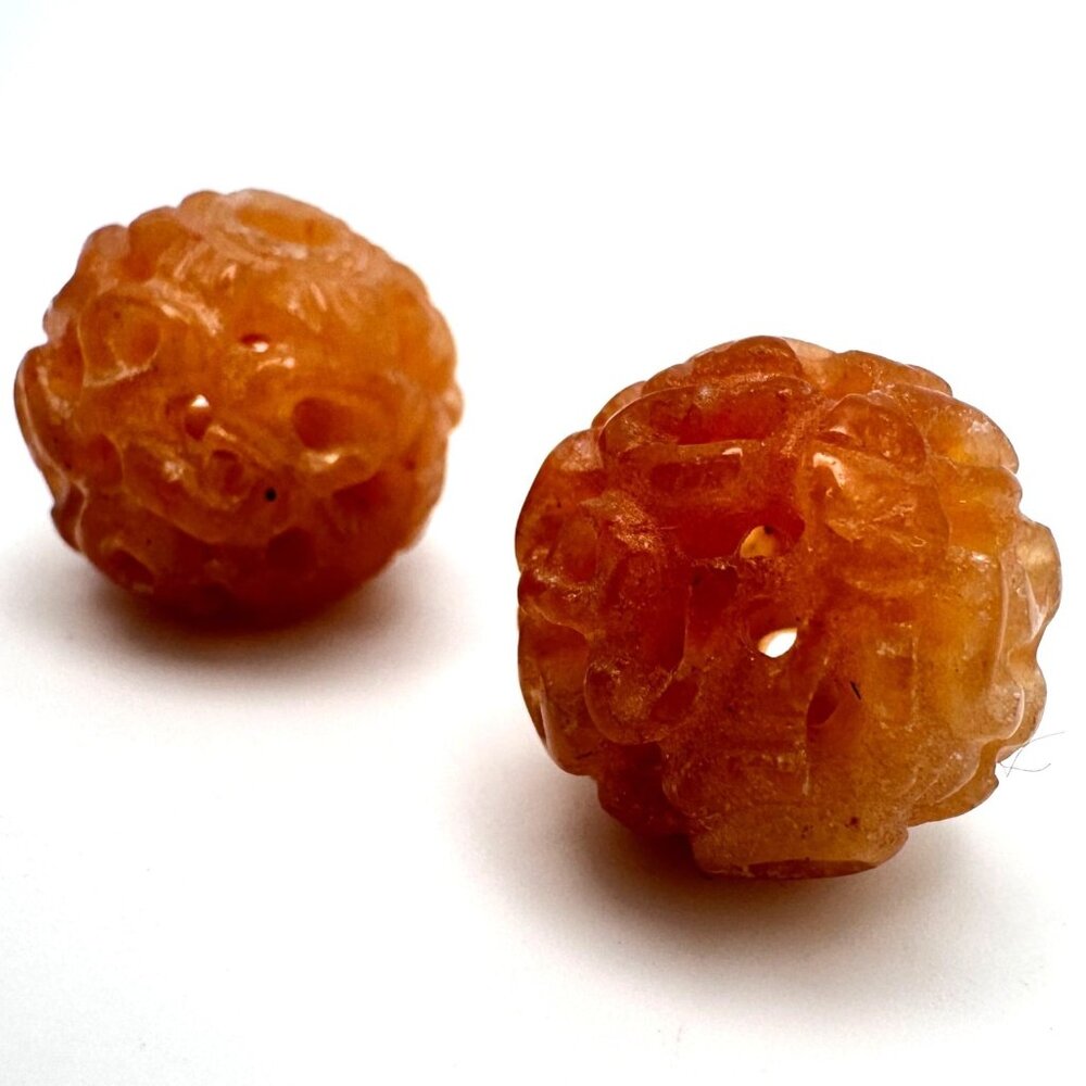 Vintage Hand-Carved Orange Jade? Hollow Sphere Bead 14mm